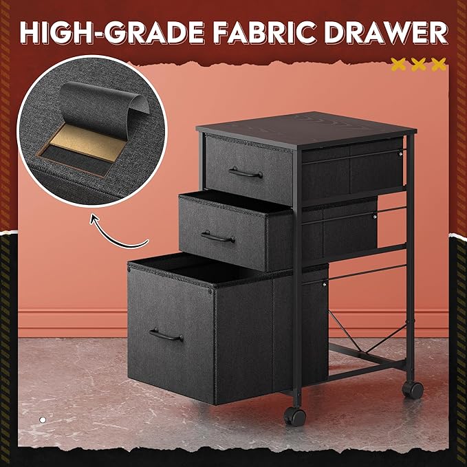 DEVAISE Mobile File Cabinet, Rolling Printer Stand with 3 Drawers, Fabric Vertical Filing Cabinet fits A4 or Letter Size for Home Office, Black
