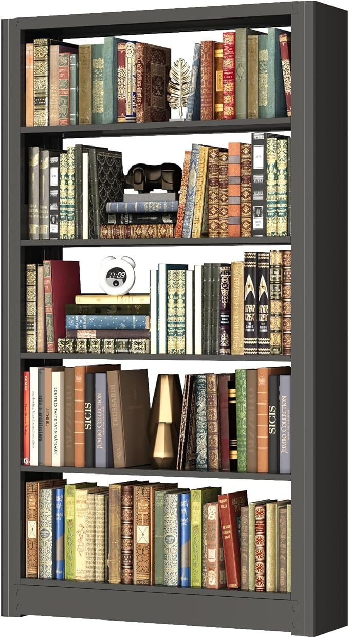Heavy Duty Office Bookshelf, 5-Tier Adjustable Library Bookshelves, Modular Book Shelf with Expansion Capability, 69” Tall Metal Bookcase for Heavy Books, Living Room. Black Bookshelf.