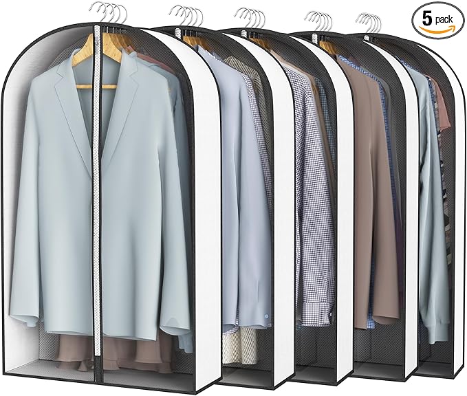 40” Garment Bags for Hanging Clothes 4” Gusseted - with Clear Window, Breathable Fabric, Metal Zipper, Suit Coat Dress Protector for Clothes Closet storage, Season Off, Moving, 5 Pack