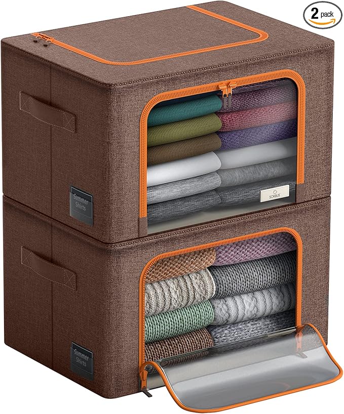Sorbus Storage Bins with Metal Frame - Stackable & Foldable Clothes Organizer Bags - Oxford Fabric Storage Containers with Large Clear Window & Carry Handles Organization for Bedding Linen & Clothing