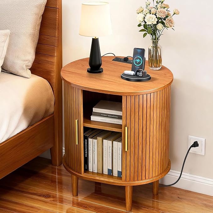 Nightstands Set of 2 & Charging Station, Fluted Accent Side Table with Sliding Door & Adjustable Shelf, Mid-Century Modern End Table for Small Space, Living Room, Bedroom (2, Yellow Walnut)