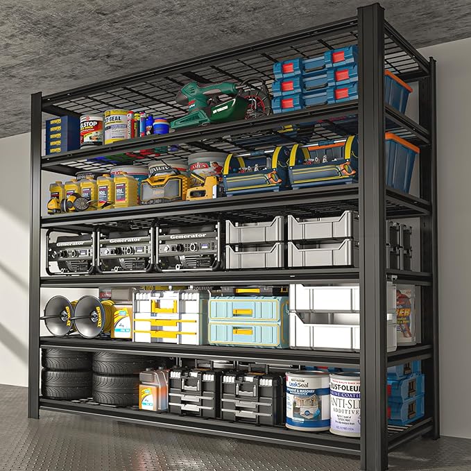 6 Tier Metal Shelving Unit, Adjustable Storage Shelves, 84" H x 55" W x 24" D Heavy Duty Garage Shelves for Warehouse, Basement, Kitchen, Pantry, Living Room, Black (6T 84 * 55 * 24)
