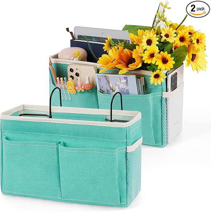 Bedside Caddy Bedside Storage Organizer Hanging Bunk Bed Dorm Room with Side Pockets for Water Bottles, Books, Cell Phones, Headphones 2 Pack (Light Blue)