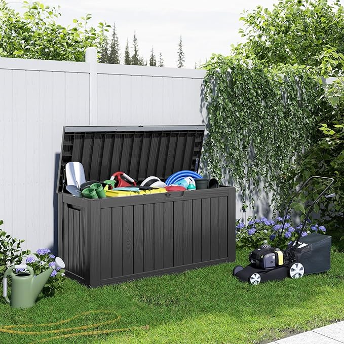 90 Gallon Resin Deck Box, Lockable Patio Outdoor Storage Box for Furniture, Garden Tools and Tools Storage, Waterproof Outside Storage Box - Black