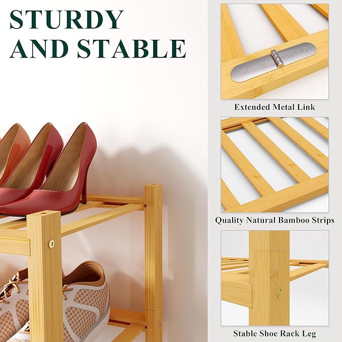 Smiry Bamboo Shoe Rack for Closet, 2 Tier Long Wooden Stackable Shoe Organizer, Free Standing Shoes Storage Shelf for Entryway, Front Door Entrance, Natural
