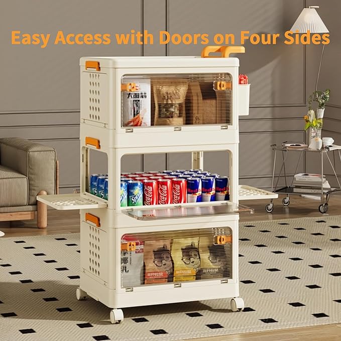 58 QT Storage Bins with Lids, Stackable Rolling Storage Cart with Clear Doors, 3 Tier Storage Cart on Wheels, Plastic Storage Containers for Home, Office, Kitchen, Bedroom, White