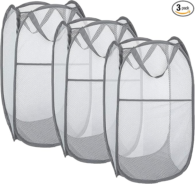 Larpur Pack of 3 Pop up Laundry Hampers, Collapsible Laundry Baskets, Portable Mesh Clothes Hampers for Kids Room, College Dorm, Bathroom, Foldable Hamper with Carry Handles, Gray