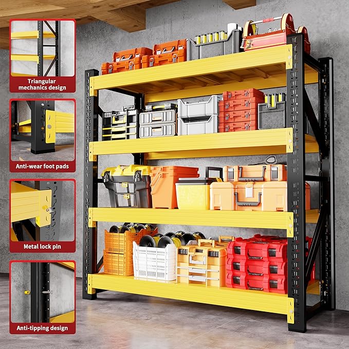 4000LBS Garage Shelving 48" W Garage Shelving Heavy Duty 4-Tier Metal Storage Shelves Adjustable Shelf Unit Storage Rack for Basement Supermarket Warehouse 48" W x 20" D x 78" H Yellow