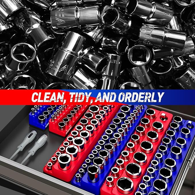 Magnetic Socket Organizer, 4-Pack Metric SAE Holder Set 1/4", 3/8" Drive Socket Trays, Holds 108 Pcs Standard and Deep Size Sockets(Socket not Included)