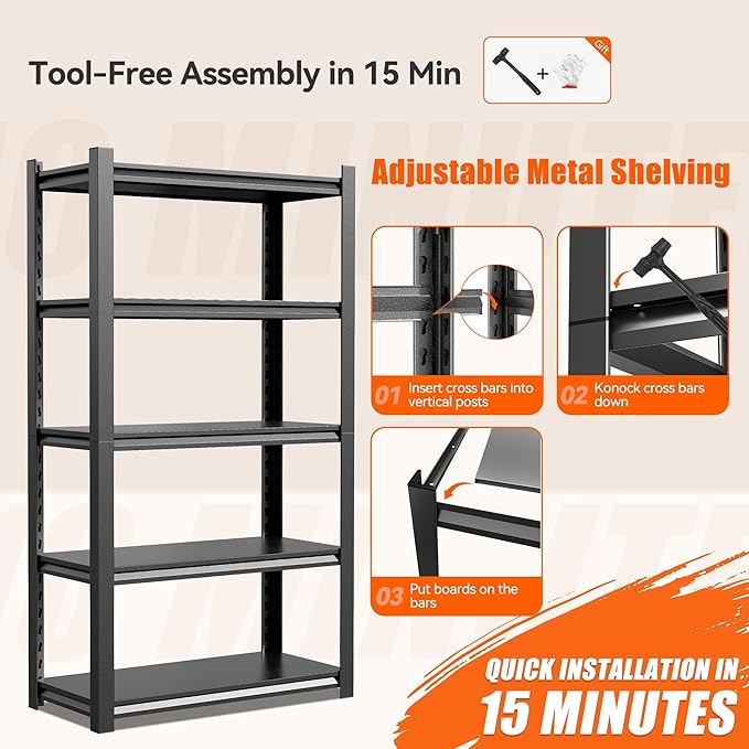 36" W Storage Shelves 2500LBS Garage Shelving Heavy Duty 5 Tier Adjustable Shelving Unit Metal Storage Rack for Basement, Pantry, Kitchen, Warehouse 18" D x 39.3" W x 72" H