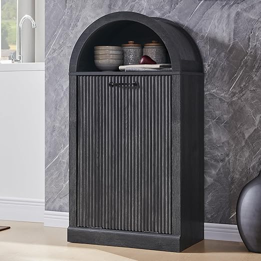Arched Tilt-Out Trash Can Cabinet, Fluted 10 Gallon Trash Can Cabinet Set of 2, Modern Laundry Hamper Cabinet, Hidden Garbage Can with Storage Basket for Kitchen, Living Room, Dark Grey