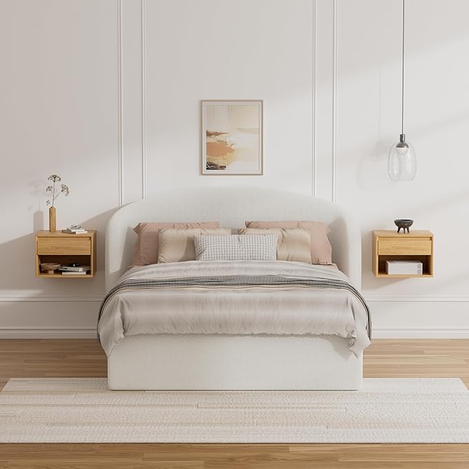 Floating Nightstand Set of 3, Wall Mounted Bedside Table with Storage Drawer and Open Shelf, Modern Night Stand with Handless Design for Living Room, Bedroom, Dorm, Natural Oak