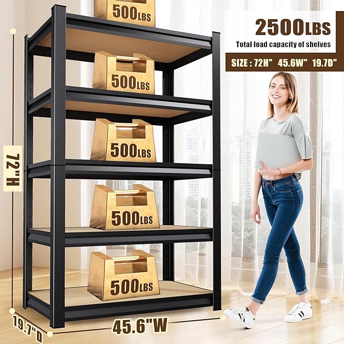 2 Pack Garage Shelving Heavy Duty Storage Shelves 3000LBS Adjustable Garage Shelves 5 Tier Metal Shelving Unit Utility Rack Shelf for Storage Kitchen Warehouse Pantry, 72 "H x 45.7 "W x 20" D