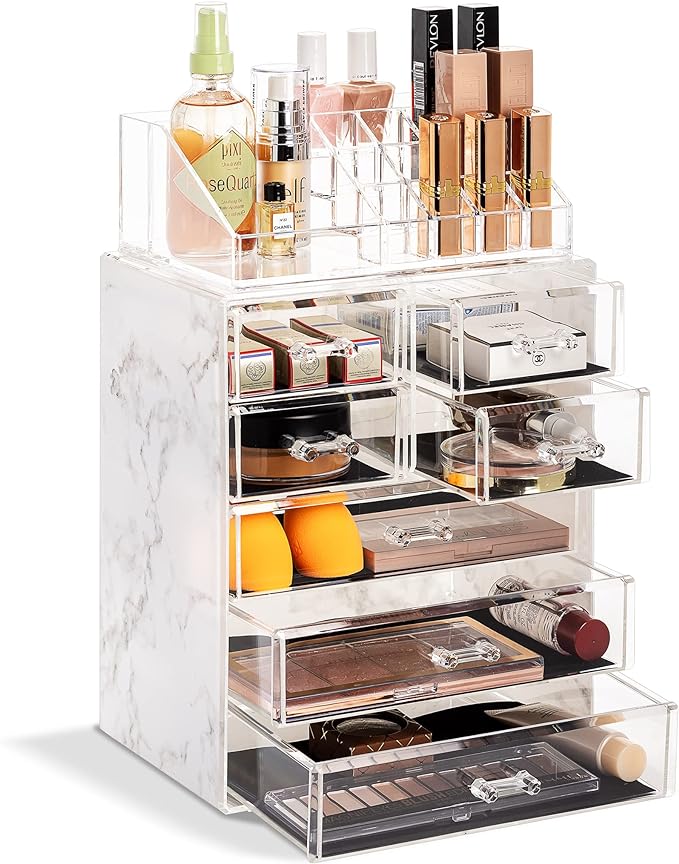 Sorbus Clear Cosmetic Makeup Organizer - Make Up & Jewelry Storage, Case & Display - Spacious Design - Great Holder for Dresser, Bathroom, Vanity & Countertop (3 Large, 4 Small Drawers) [Marble Print]