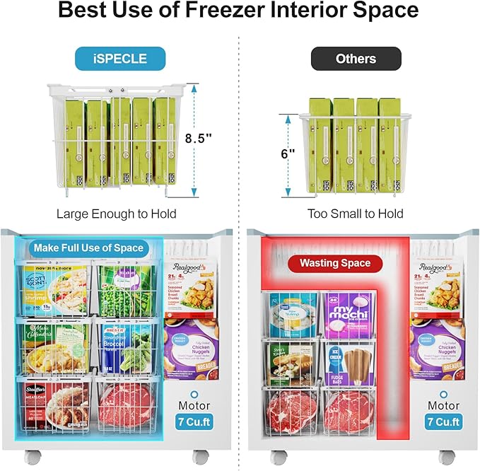 iSPECLE Freezer Organizer Bins - 2 Pcs Hanging Baskets for Deep Freezer, Adjustable Wider & Deeper Chest Freezer Organizer Bins for 5 to 9 Cu Ft, Extra Large & Easy Organize, White