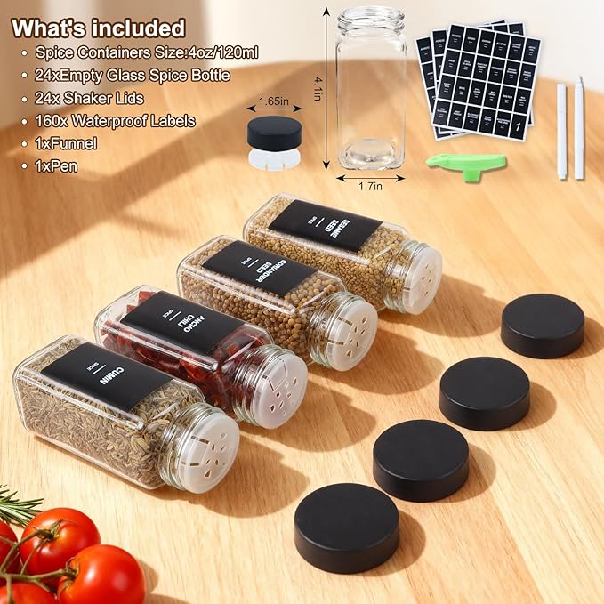 48Pcs Spice Jars Containers with Labels，4oz Black Seasoning Bottles with Shaker Lids for Rack, Cabinet, Drawer,Empty Square Condiment Pots (48, Black)