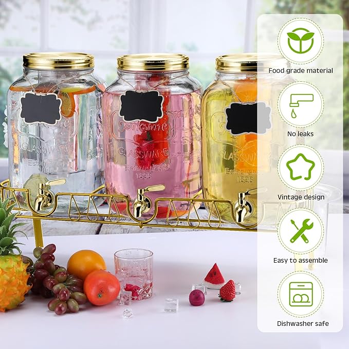 Lallisa 3 Pcs 2 Gallon Glass Drink Dispenser with Stand and Lid Mason Jar Beverage Dispenser with Stainless Steel Spigot, Hanging Chalkboard Signs, (Gold)