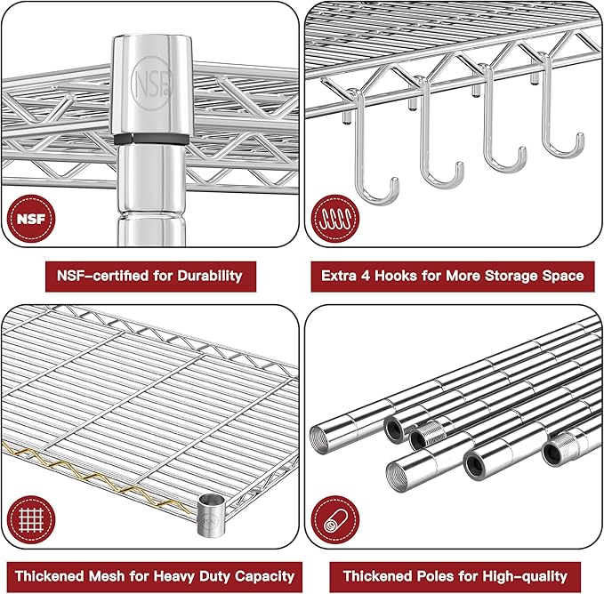 PrimeZone 75" H Wire Shelving 5 Tier Slim Steel Storage Metal Shelves with Wheels,Adjustable Kitchen Utility Shelving Unit,Pantry Rack Rolling Metal Shelf Chrome 24" Wx18 Dx75 H