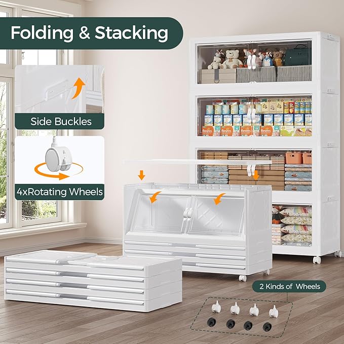 660QT Extra Large Stackable Storage Bins with Lid, 165Gal Collapsible Closet Organizer Box with Wheels, Folding Plastic Storage Cabinet with Doors for Home Kitchen Office Dorm, 3Pack White
