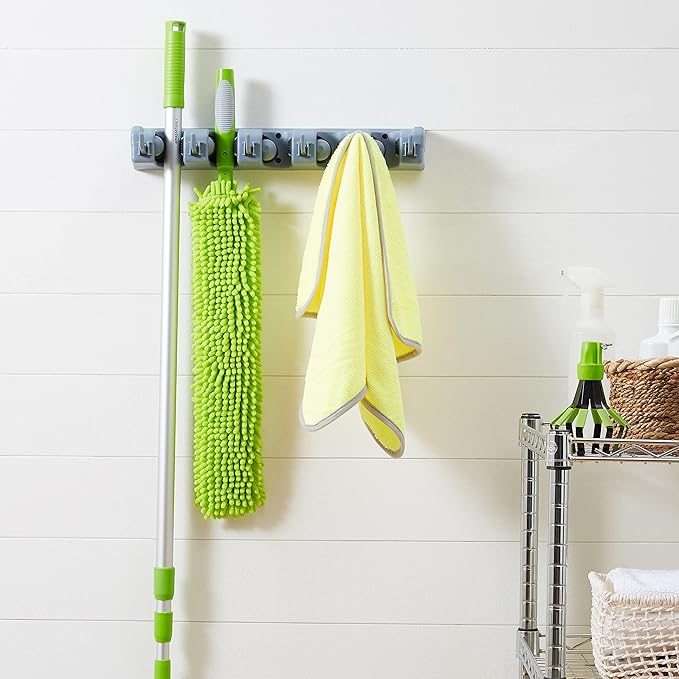 Amazon Basics Rectangular Heavy Duty, Wall Mount Storage Broom, Mop Holder or Tool Organizer with Hooks and Slots for Home, Garage, Garden, Laundry, or Kitchen, 2.36 x 16.9 x 3.35 in, Gray