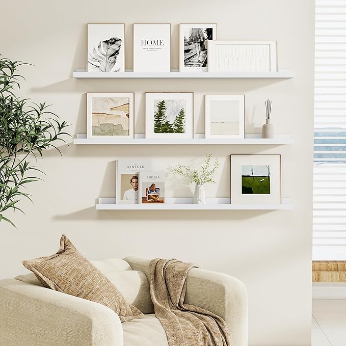 Fun Memories Picture Ledge Shelf, White Floating Shelves Set of 4, 48 Inch Picture Shelves for Wall with Ledge, Large Nursery Book Shelf for Toys Storage, Living Room, Bedroom Decor Frames