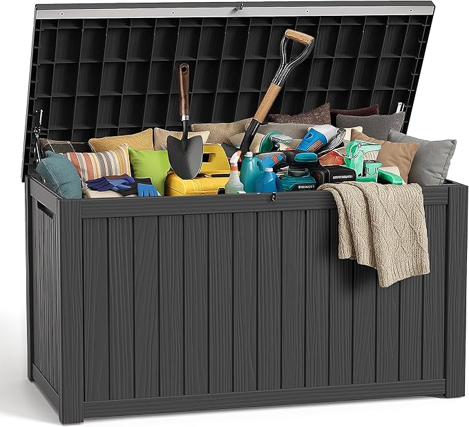 280 Gallon Large Deck Box,Resin Outdoor Storage Box with Lockable for Patio Furniture, Garden Tools Waterproof Outside Storage Box, Black