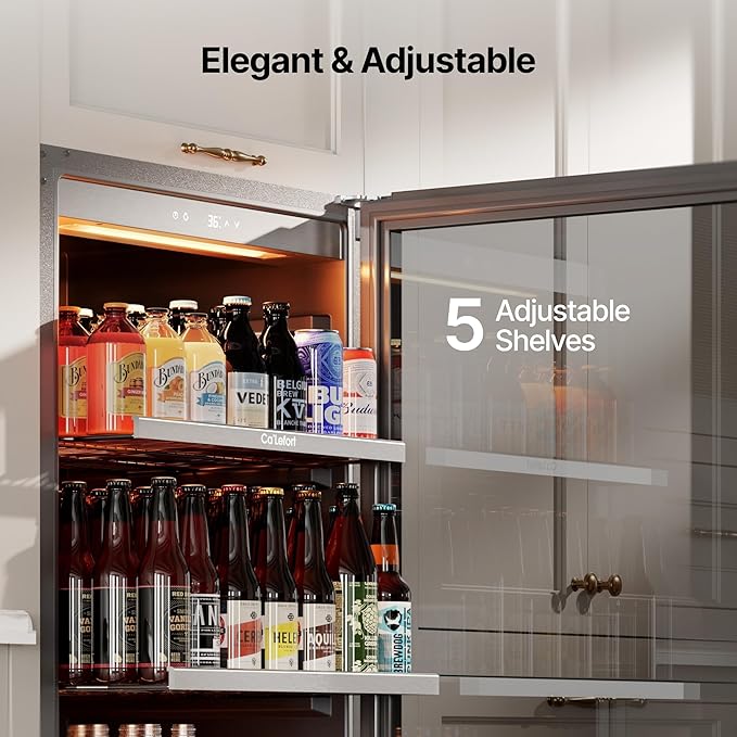 Ca'Lefort 24 Inch Beverage Refrigerator, 238 Cans Tall Beverage Fridge with Glass Door, 40-65°F Drink Fridge with 3 LED for Bar/Kitchen/Office, Freestanding or Built-In Beer Cooler for Beer/Soda/Wine