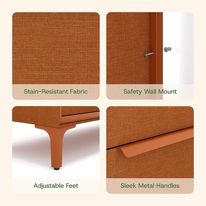 Naima Premium Fabric Dresser - Strong Metal Frame, 6 Spacious Sag-Proof Drawers with Sleek Metal Handles - Premium & Durable Storage Solution for Your Home (Orange)