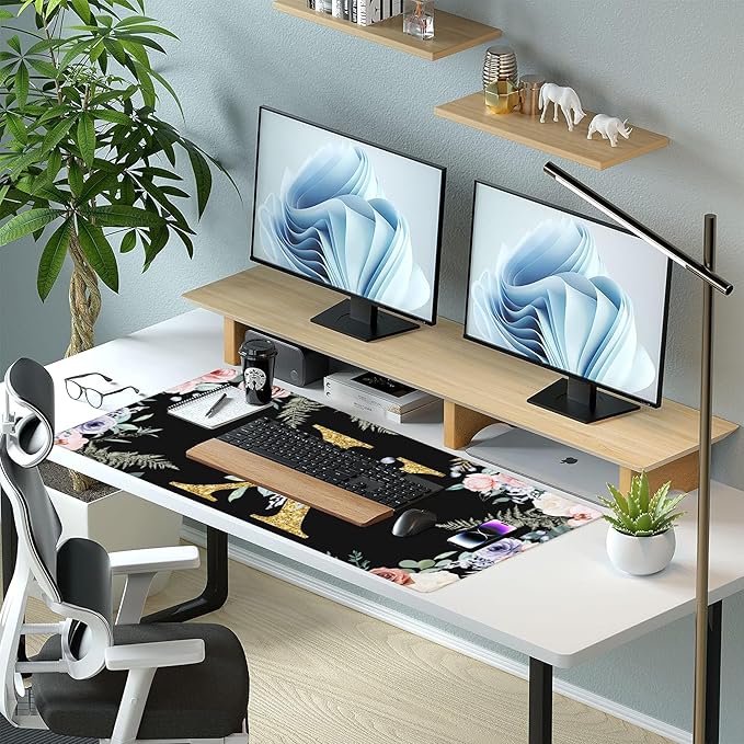 Large Gaming Mouse Pad for Desk, Flower Golden Letters X Desk Mat, 35.4"x15.7" Big Mouse Pad with Non-Slip Base and Stitched Edge, Long Computer Keyboard Mouse Mat for Home Office Work