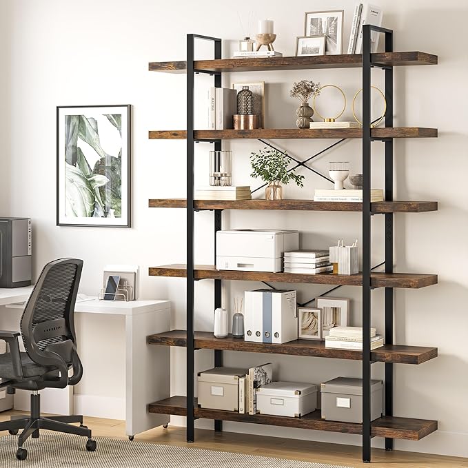 Heavy Duty 6-Tier Industrial Bookcase, 47" Wide Wood Bookshelf for Home Office, 120lbs Shelf Capacity, Rustic Open Shelving Display with Reinforced Horizontal Shelf for Living Room Bedroom