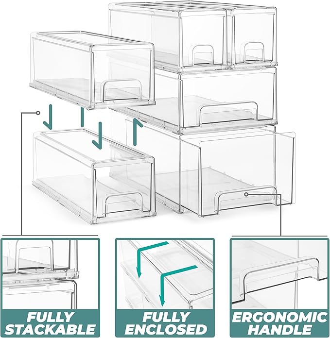 Sorbus Small Clear Stackable Storage Drawers – 6-Pack Plastic Organizer Bins with Handles – Stackable Pull-Out Storage Drawers for Closet, Pantry, Office, Bathroom, Craft, and Toy Organization
