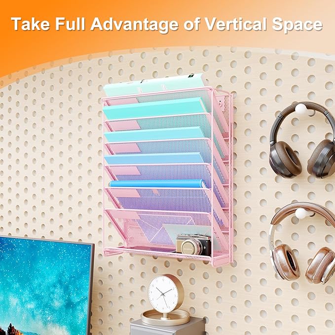 Kuntine.B Wall File Organizer Hanging Magazine Holder (Pink, 7 Tier)