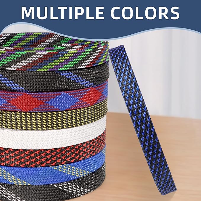 Braided Cable Sleeving, PET Expandable Braided Cable Sleeve, Flexible Mesh Sleeving Cord Management for Audio Video and Other Home Device, Cord Protector from Pets (Black Blue-2, 1/2")
