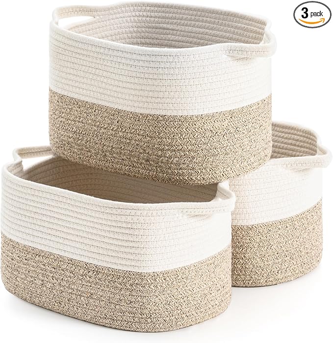 DUHEL Cotton Rope Woven Storage Basket, Used for Baby Hamper Toy Organizer, Gift Baskets Empty,Kids Laundry Basket,Baby Blanket Basket. Size 15x10x8.7 Inches. (White&Brown-3PCS)