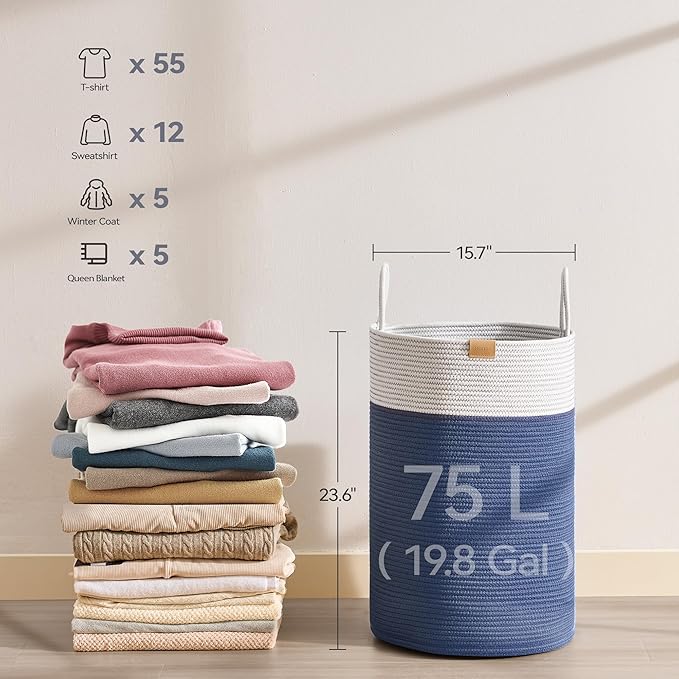 Laundry Hamper 75L,Large Laundry Basket for Clothes,Decorative Storage Basket for Blankets,Cotton Rope Woven basket for bedroom,Navy Blue