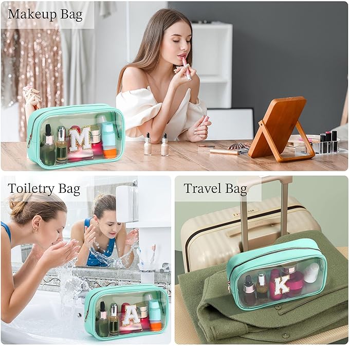 YOOLIFE Initial Make Up Bag Travel Toiletry Bag, Clear Makeup Bag Preppy Cosmetic Bags Organizer Travel Essentials Gifts for Women Teen Girlfriend Teacher Mom Birthday Mothers Day Gifts Blue S