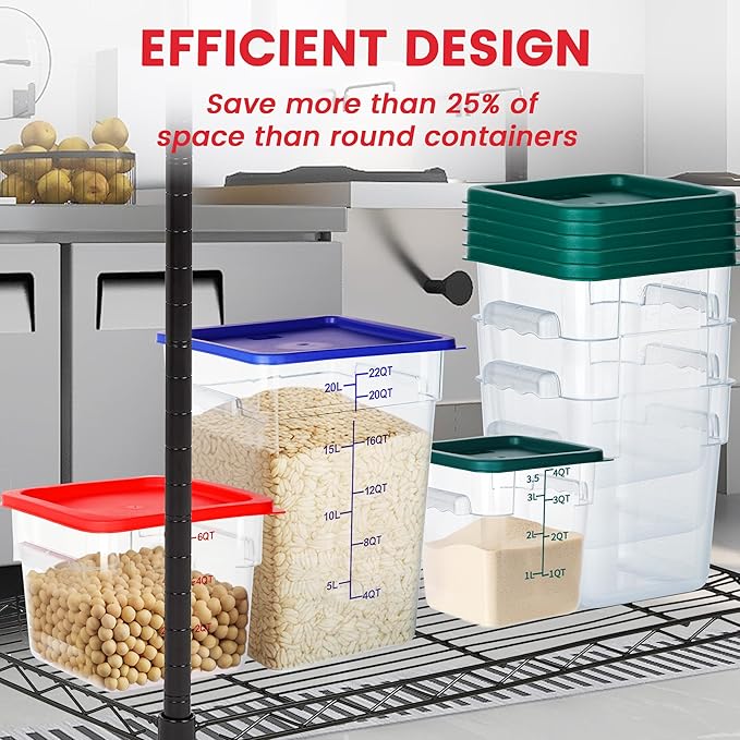 4 Pack Food Storage Containers, 8 Quart with Lids, Square Commercial Containers with Scale, NSF, Polycarbonate, Clear