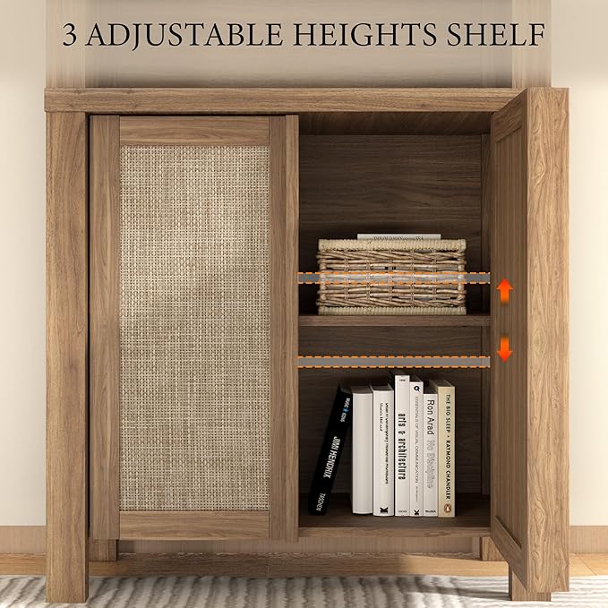 Yechen Arched Bookcase, 70.5" Tall Bookcase with Storage, Mid-Century Modern 5 Tier Bookshelves with Door, Boho Rattan Bookshelf for Living Room Kitchen Office Bedroom Library, Natural Walnut,3 PCS