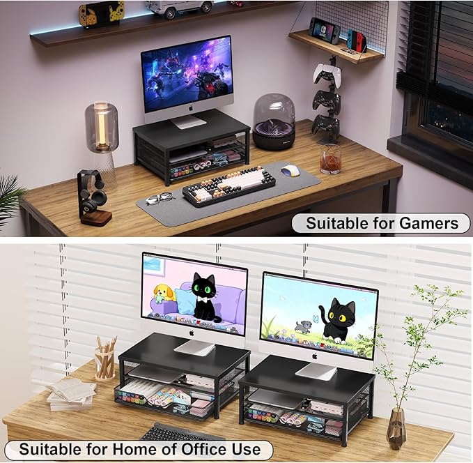 OPNICE Computer Monitor Stand Riser, Desk Organizers and Accessories with Drawer, Laptop Stand, Office Desk Accessories & Workspace Desktop Organizers Storage for Office Supplies(Black)