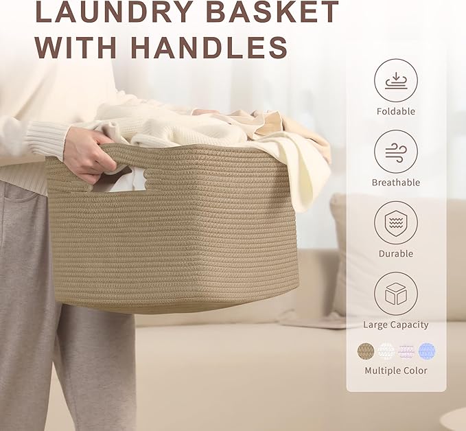 45L Small Wicker Laundry Basket for Living Room Storage,Cute Boho Woven Cotton Rope Baskets for Kids Toy,Gifts,Square Blanket Hamper for Bedroom Dirty Clothes,Jute