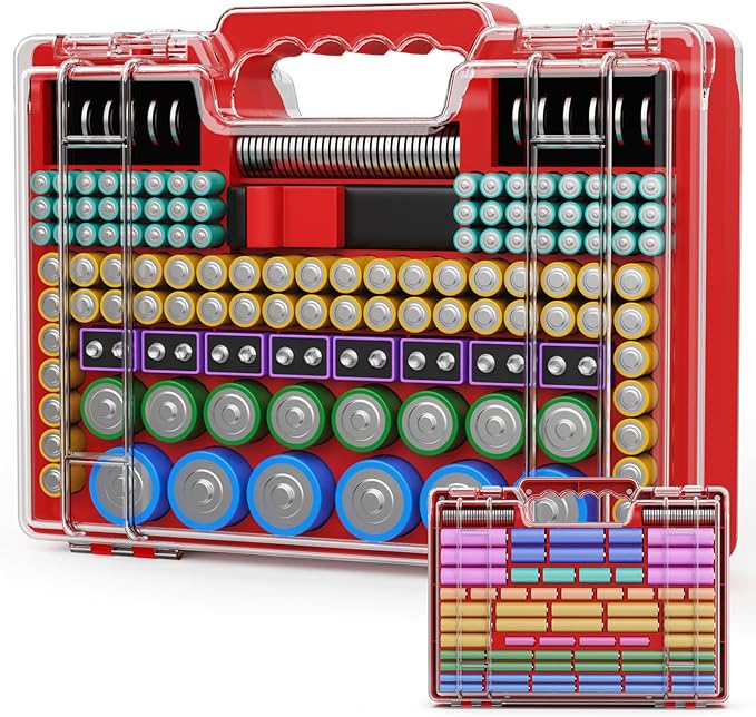 Battery Organizer Storage Holder Box Case with Tester, Ultra-Large 262+ Batteries Container with Double-Sided, Holds AA AAA 4A 23A C D Cell 9V 3V Lithium 4LR44 CR3 CR123A 18650 (Red)