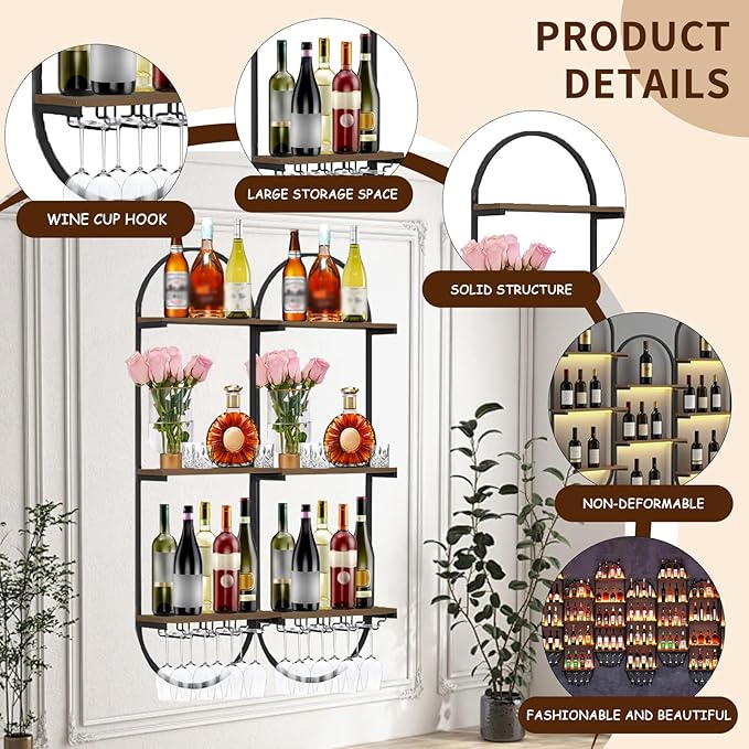 Wall Mount Wine Rack, 3-Tier Metal Oval Design Wine Rack Wall Mounted, Wine Bottle Holder for Home Bar, Wine Kitchen Storage Liquor, Champagne(Black, 1PCS)