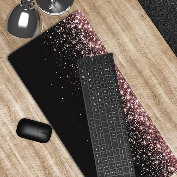 Rose Gold Glitter Gaming Mouse Pad XXL Large Desk Mouse Pad Keyboard Mat with Stitched Edges Waterproof Non-Slip Desk Mat for Laptop,Keyboard,Computer 35.4 * 15.7 Inch