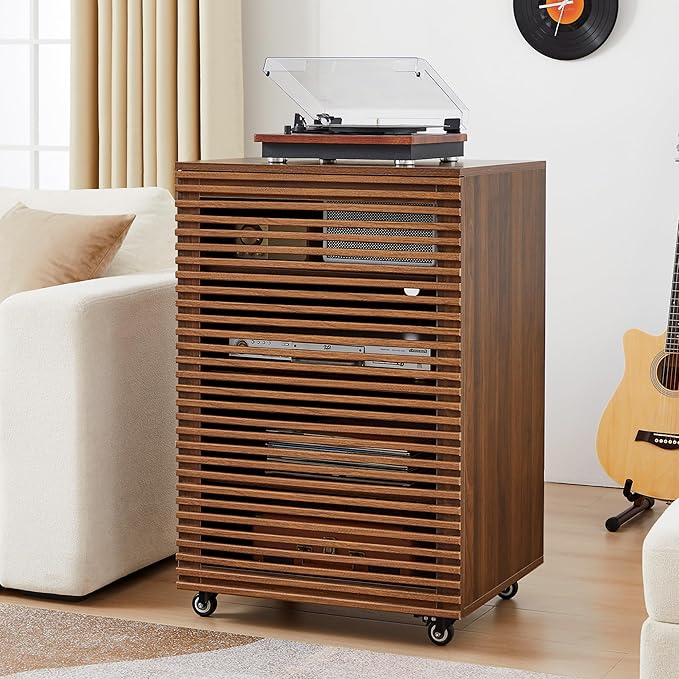 LEVNARY 5-Tier AV Media Cabinet with Grille Door & Adjustable Shelves, Modern Wooden Stereo Rack with Cable Management & Wheels, Audio Video Stand for Living Gaming Room Recording Studio (Walnut)