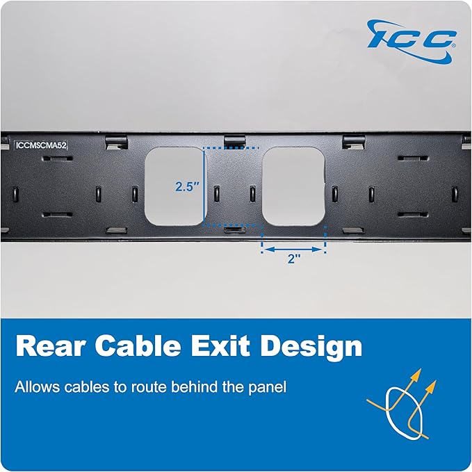 ICC 2U Ring Cable Manager Panel with Cover, Plastic with Metal Back Frame, 4" D-Rings, Horizontal Cable Management, Rackmount for 19” Network Racks, Black, Single Pack