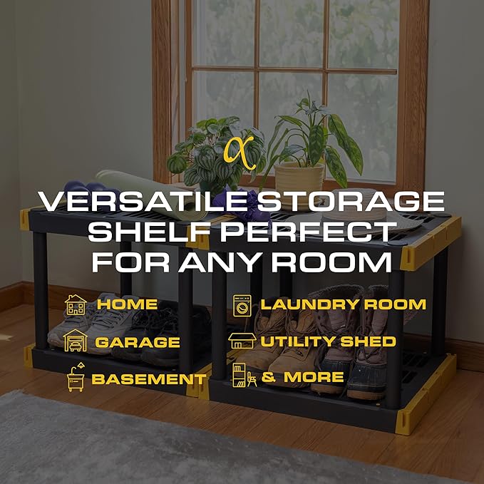 BLACK & YELLOW 4-Tier Heavy Duty Plastic Storage Shelving Unit, 100lbs/shelf (55H x 24W x 20D), for Indoor/Outdoor Organization, Modular Rack, Extremely Durable, Made in The USA