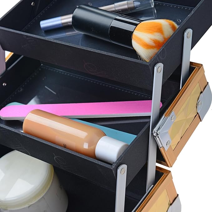 SHANY Chic Makeup Train Case Cosmetic Box Portable Makeup Case Cosmetics Beauty Organizer Jewelry storage with Locks, Multi trays Makeup Storage Box with Makeup Mirror - Golden House