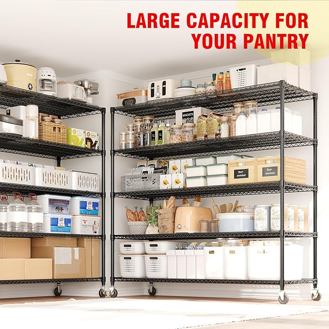 82" H Storage Shelves 3300LBS Heavy Duty Shelving Unit with Wheels & Feet, 5-Tiers Garage Shelving for Pantry Garage Kitchen Home Commercia, 82.6" H x 59" W x 23.9" D