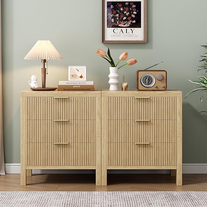 6 Drawer Dresser, Modern Wood Storage Chest of Drawers Organizer with Waveform Panel, Fluted Dresser with Wide Drawers and Golden Handles for Bedroom, Hallway, Entryway, Nature