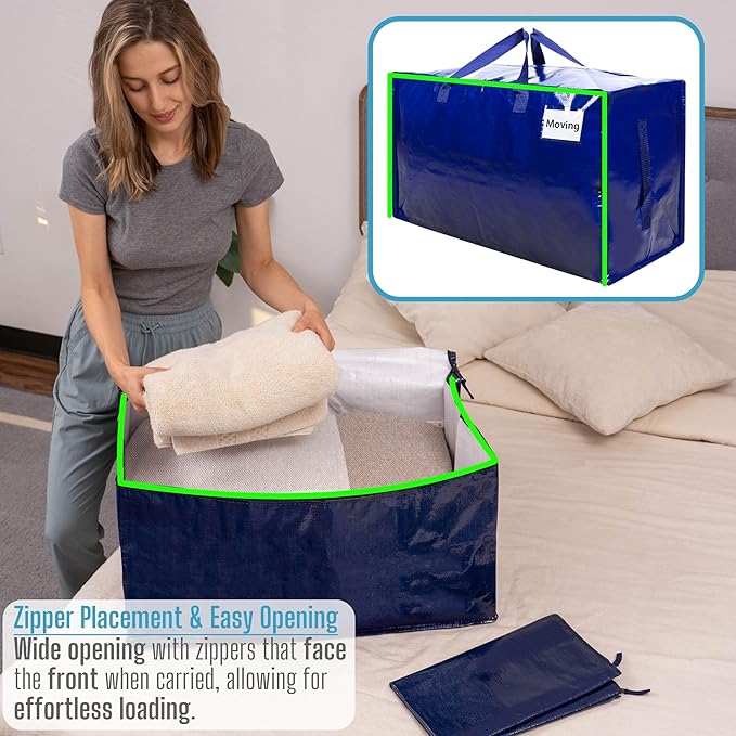 VENO 8 Pack Moving Bags and Large Christmas Decoration Storage Bins with lids. Alternative to Moving Boxes, Packing Supplies for College. Heavy Duty Totes (Blue, 8 Pack)